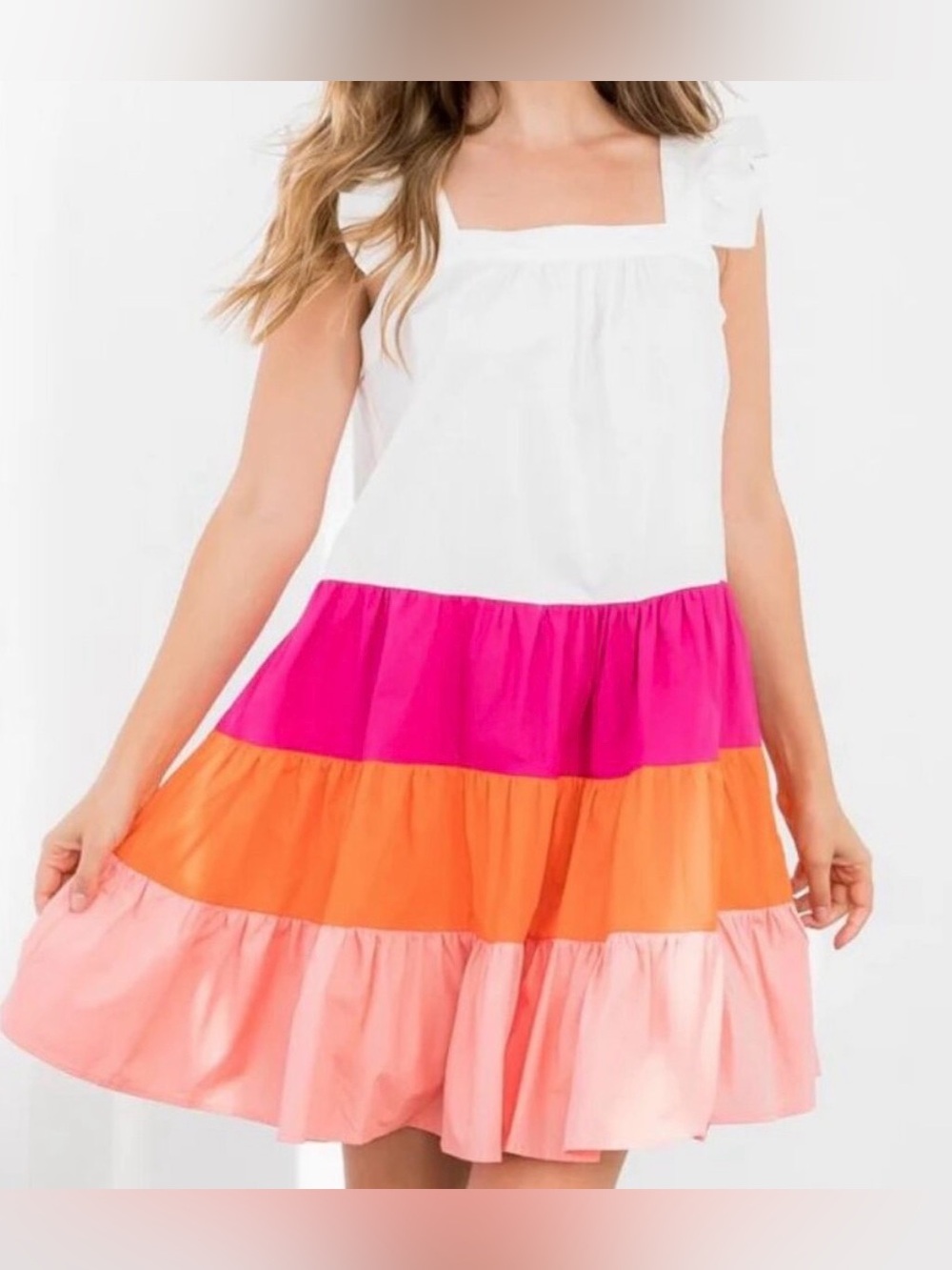 THML White Pink Orange Peach Oversized Colorblock Ruffle Tiered Dress Small NWT